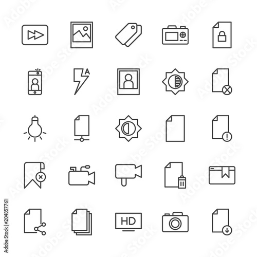 Modern Simple Set of video, photos, bookmarks, files Vector outline Icons. Contains such Icons as lock, dslr, pocket, quality, photo and more on white background. Fully Editable. Pixel Perfect.