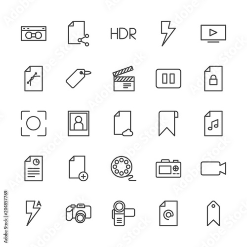 Modern Simple Set of video, photos, bookmarks, files Vector outline Icons. Contains such Icons as background, internet, flash, document and more on white background. Fully Editable. Pixel Perfect.
