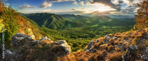 Panorama of spring mountain with forest at sunset, Slovakia
