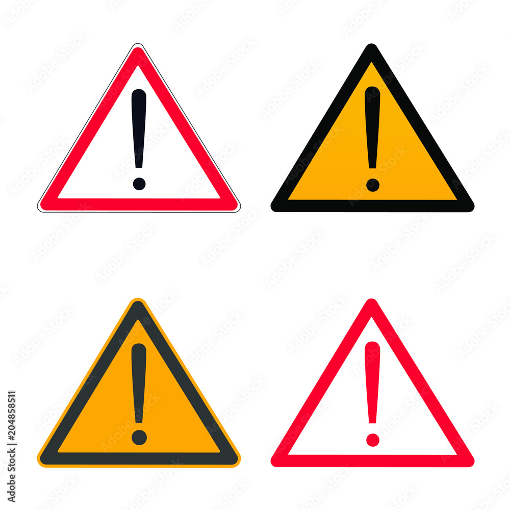 Attention caution danger sign icon set. Black and red vesrions of exclamination mark in the red and black triangle sign symbol or sticker element isolated on white background vector illustration Attention caution danger sign icon set. Black and red vesrions of exclamination mark in the red and black triangle sign symbol or sticker element isolated on white background vector illustration