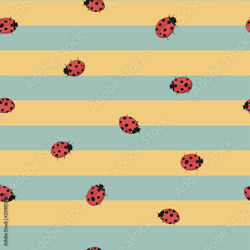 seamless striped yellow and blue background with ladybugs. Hand drawing illustration.