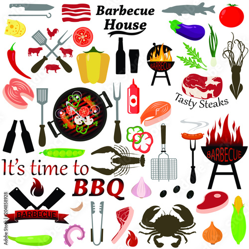 Vector set of barbecue and grilled food: steak, sausage, seafood and vegetables.
