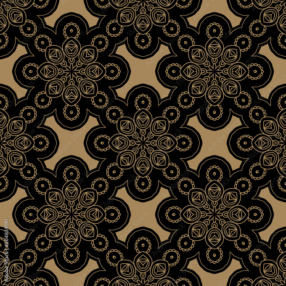 Abstract seamless pattern on black background. Hand drawn vector illustration