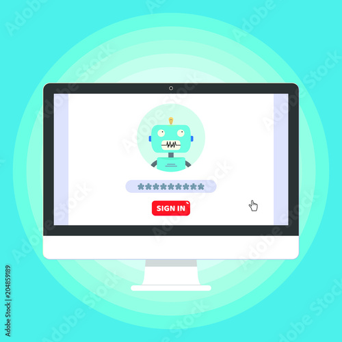 Monitor or All in one pc flat design with sign in form and chat bot icon on the screen vector illustration. Technology concept of online sign in and writing password isolated on background.