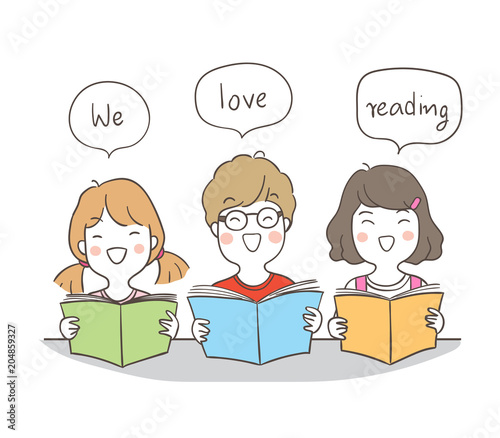 Vector illustration character design happy students love reading and speech bubble for school Draw doodle cartoon style