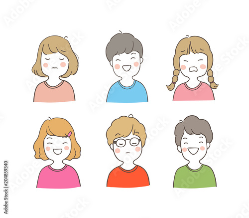Vector illustration character design set adorable portrait of kids,boy and girl different emotion Draw doodle cartoon style