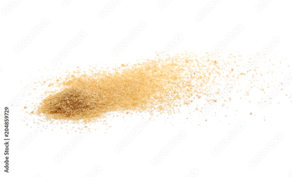 Brown cane sugar pile isolated on white background, sugarcane texture