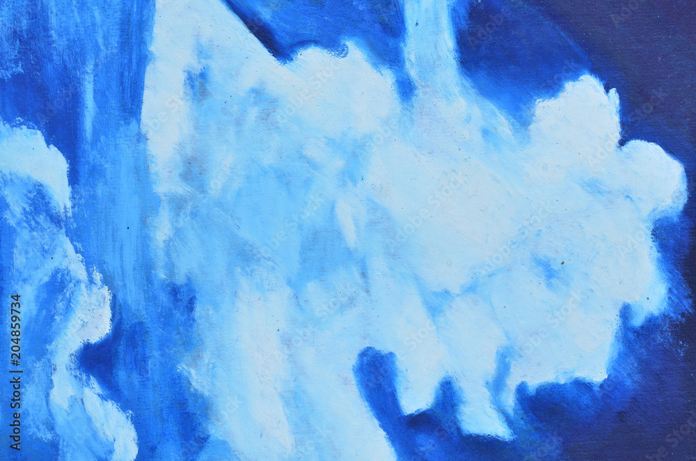 The strokes of a white watercolor paint on a blue paint on a canvas.