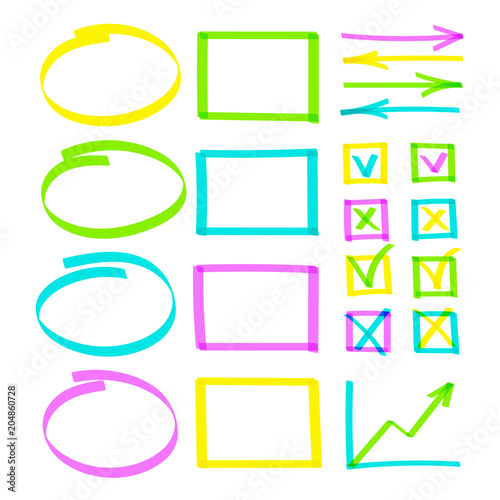 Set of highlighter pen hand drawn elements. Realistic colorful highlight lines circle, oval and square, arrows, graph and check boxes with tick or cross vector hand drawings. Business illustration.