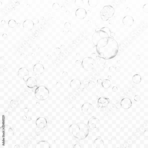 Transparent fizzy underwater gas bubbles over checkered background