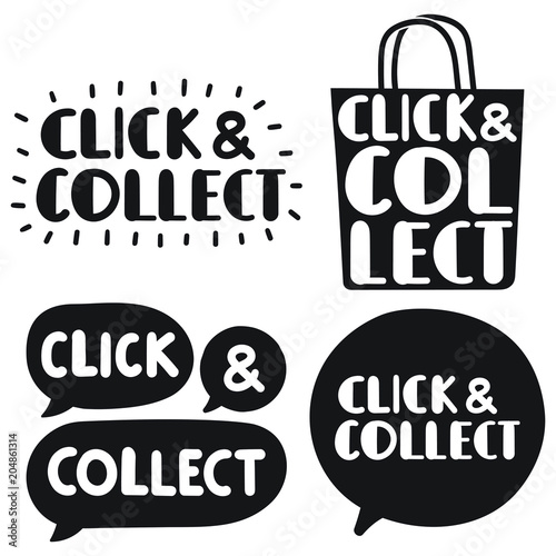 Click and collect. Set of hand drawn doodles badges, icons. Flat vector illustrations on white background.