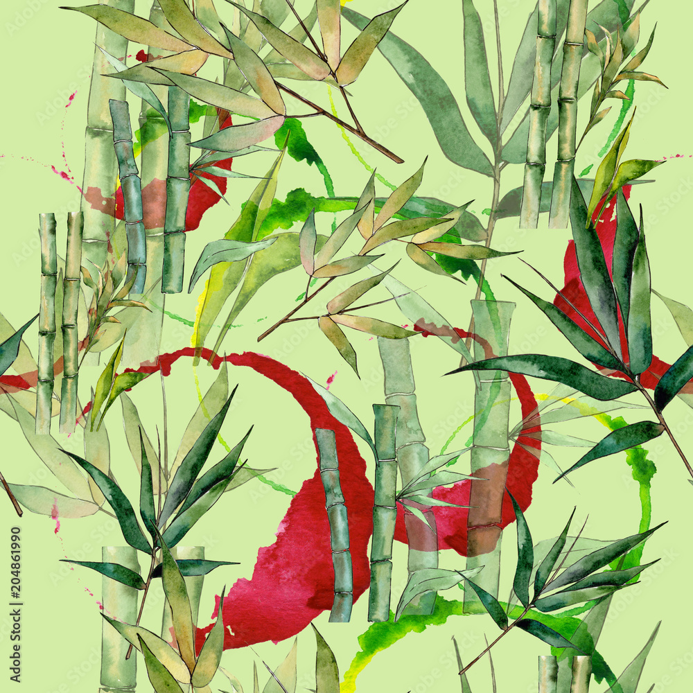 Fototapeta Bamboo tree pattern in a watercolor style. Aquarelle wild bamboo tree for background, texture, wrapper pattern, frame or border.