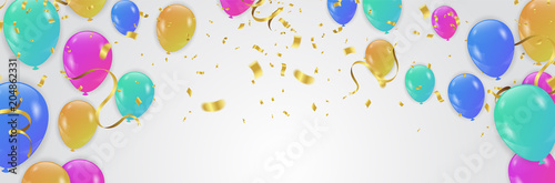 Vector party balloons illustration. Confetti and ribbons flag ribbons, Celebration background template