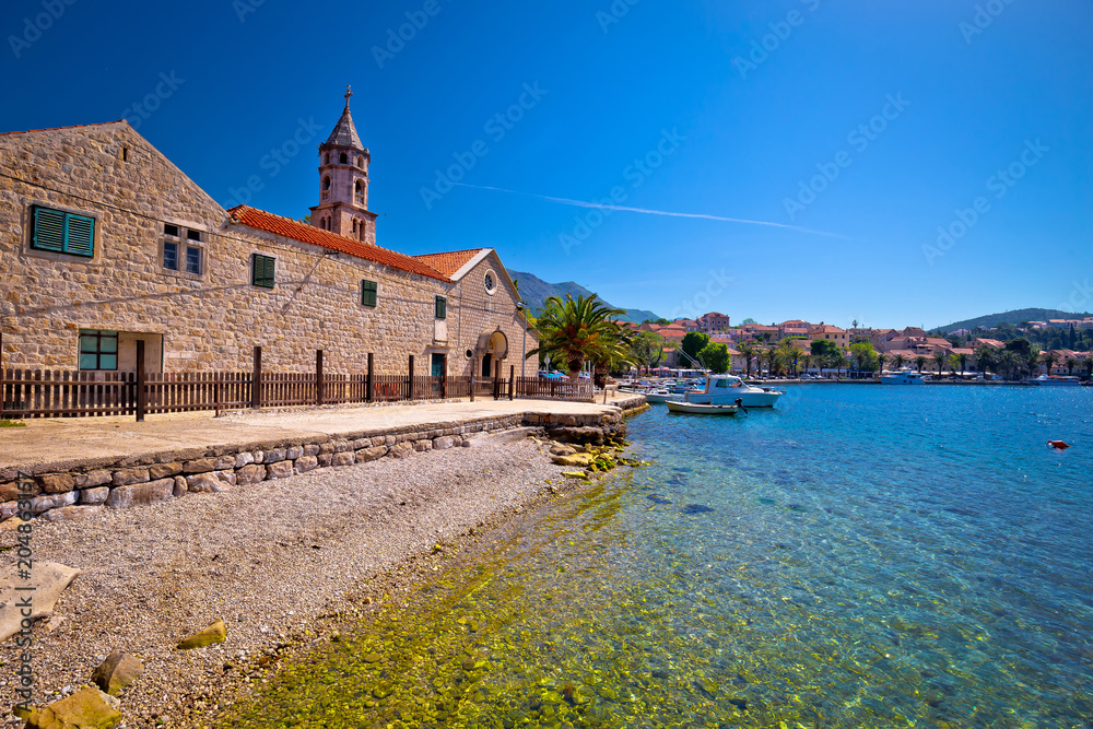 Cavtat beach and waterfront church view
