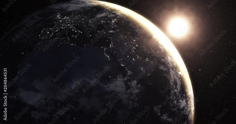 Planet Earth with night time and sunrise from space