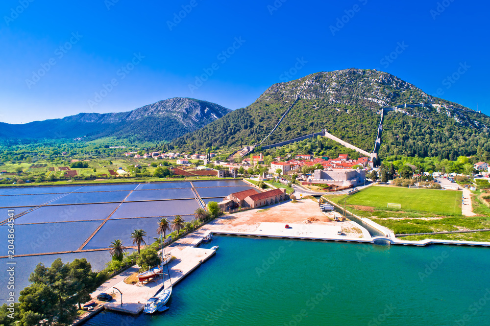 Fototapeta premium Town of Ston bay and salt fields aerial view