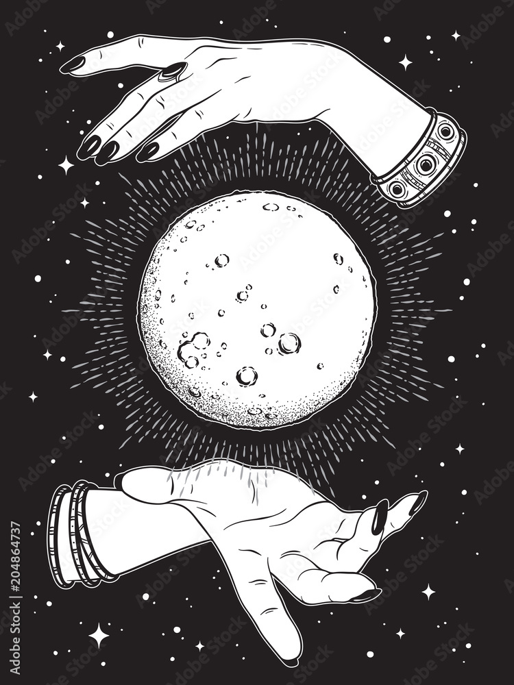 Obraz premium Hand drawn full moon with rays of light in hands of fortune teller line art and dot work. Boho chic tattoo, poster or altar veil print design vector illustration.