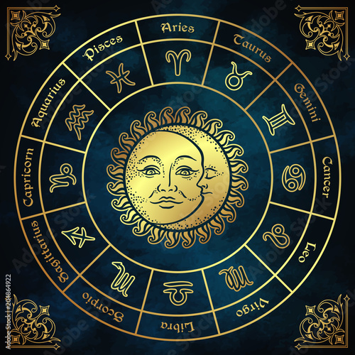 Zodiac circle with horoscope signs, sun and moon hand drawn vintage style vector illustration design.