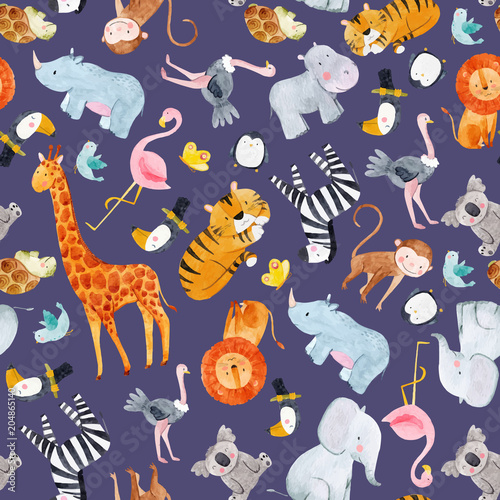 Safari animals watercolor vector pattern