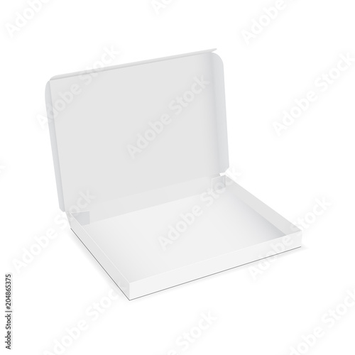 Opened empty box mock up - half side view. Vector illustration