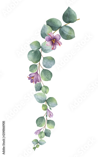 Watercolor vector wreath with green eucalyptus leaves, purple flowers and bra...