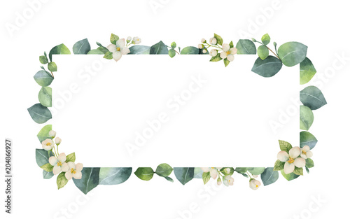 Watercolor vector frame with green eucalyptus leaves, Jasmine flowers and branches.