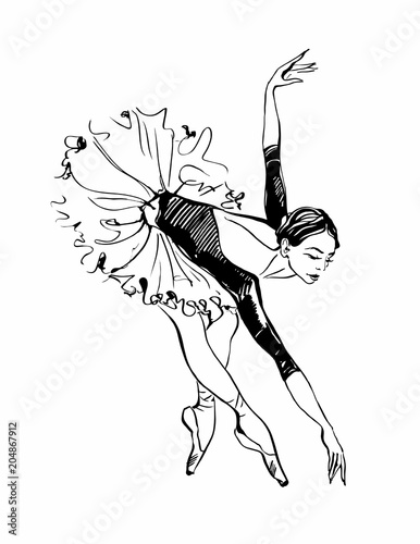 Ballerina. Girl dancing. Black and white sketch. Ballet. Vector.