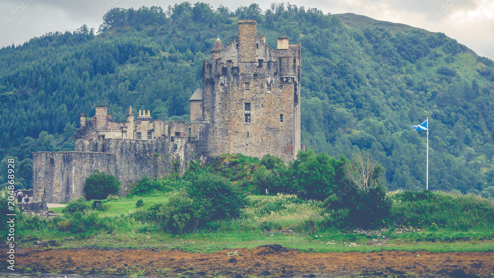 Eilean Donan Castle, Loch Duich, Scotish highlands, United Kingdom with a vintage look