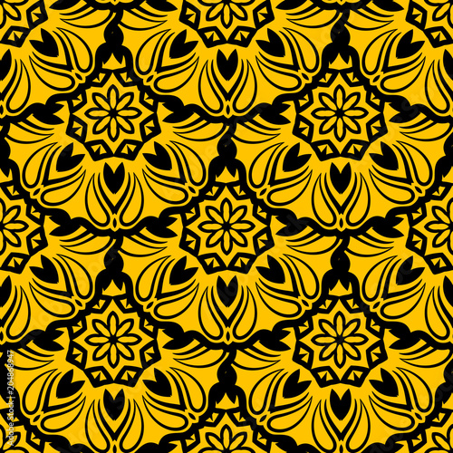 Vector Seamless Yellow Floral Mandala Pattern. © Andriy Brazhnykov