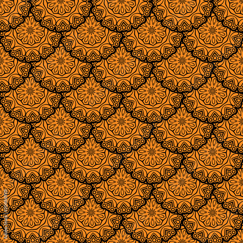 Vector Seamless Orange Floral Mandala Pattern.