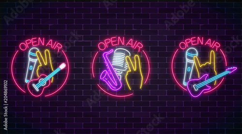 Neon open air signs collection with microphones, guitars and saxophone in round frame. Live music in open air icon.