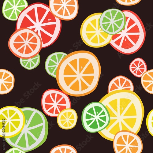 Figure with citrus slices on a dark background. Seamless Pattern