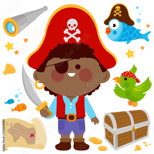 Pirate captain with a sword. Vector illustration set