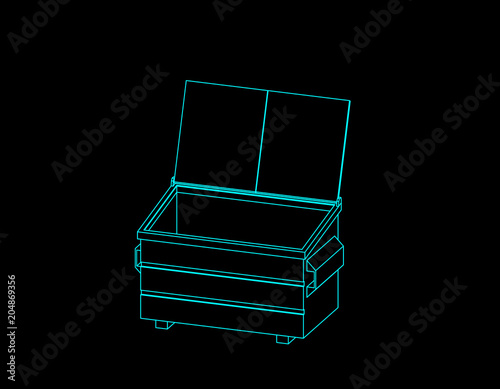 Recycling dumpster. Isolated on black background. Vector outline illustration. Dimetric projection.