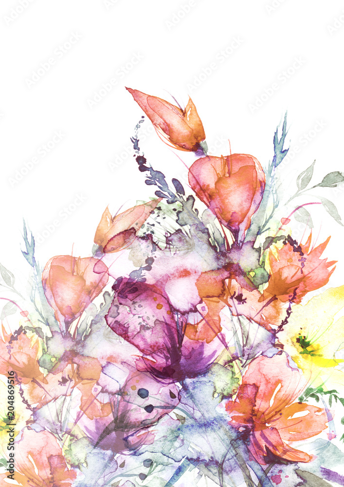 Obraz Akwarela bukiet kwiaty, Piękny abstrakcjonistyczny pluśnięcie farba, mody ilustracja. Kwiaty orchidei, maku, chaber, czerwony mieczyk, piwonia, róża, pole lub ogród kwiaty. Na białym tle.