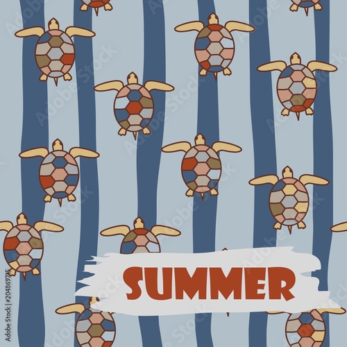 A seamless pattern with bright sea turtles and the inscription "Summer". Vector illustration.
