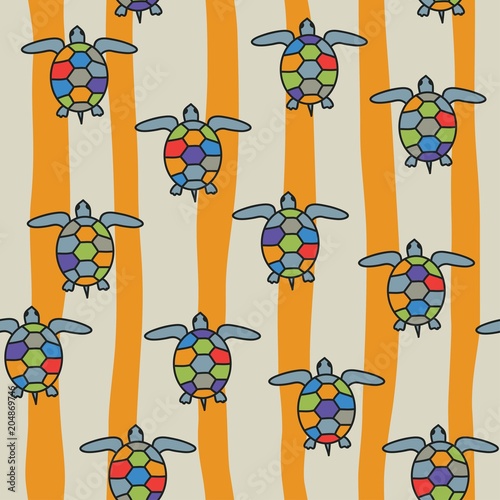 Bright turtles on a background of yellow bands. Seamless vector illustration for your design