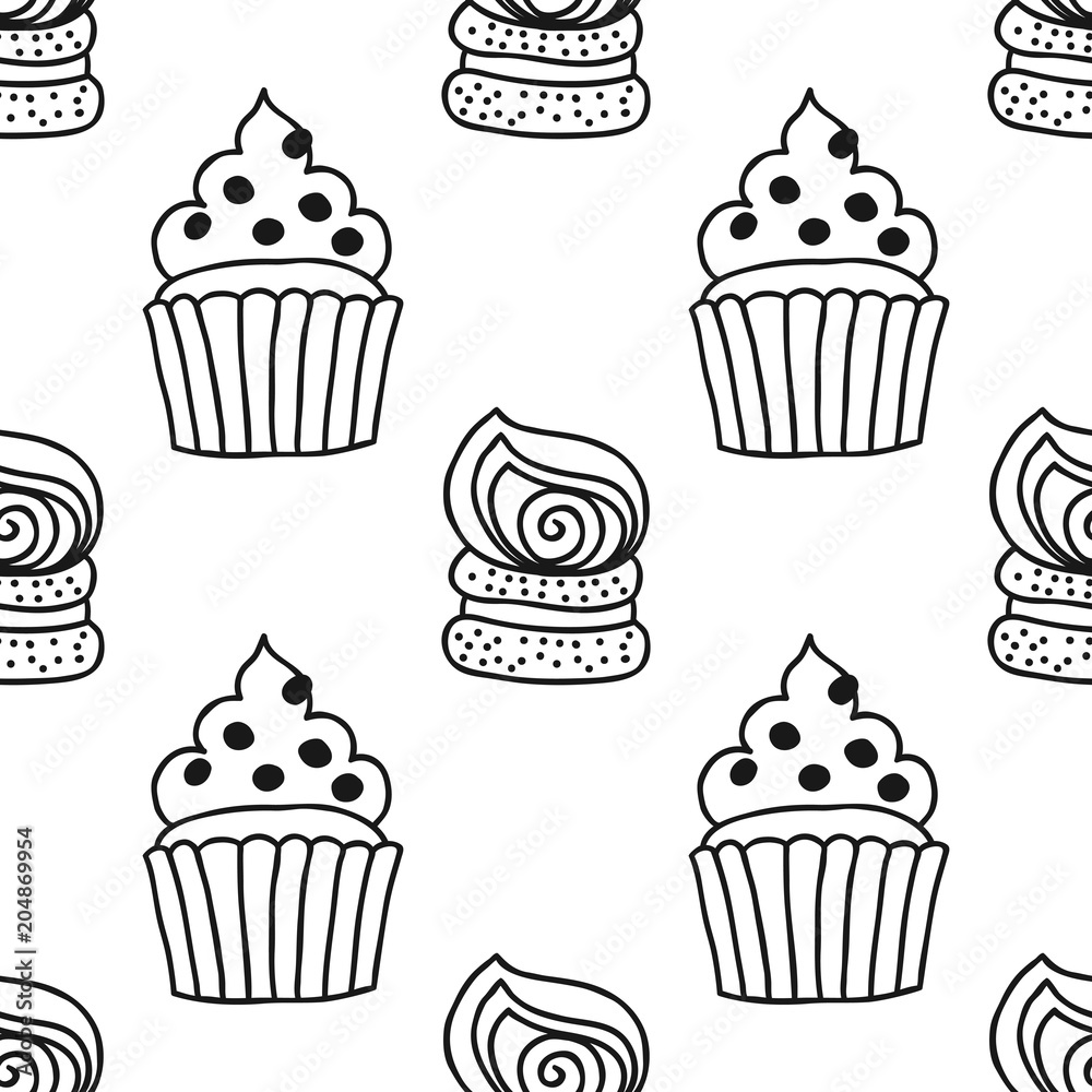 Cakes, sweet dessert. Black and white seamless pattern for coloring book or page. Cakes, sweet dessert. Black and white seamless pattern for coloring book or page.