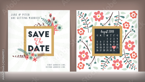 Save the date. Wedding invitation double-sided card design template with cute floral background. Stationery design. Vector illustration