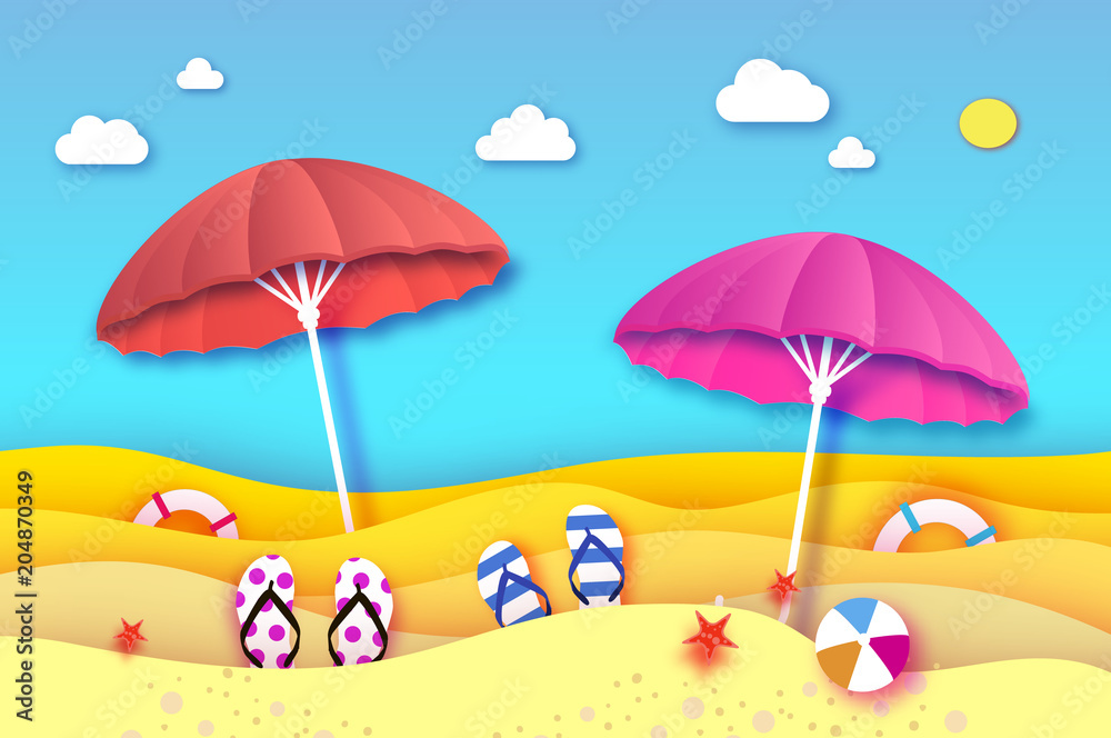 Red and pink parasol - umbrella in paper cut style. Origami sea and beach with lifebuoy. Sport ball game. Clouds. Flipflops shoes. Vacation and travel concept.