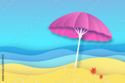 Pink parasol in paper cut style. Origami Empty sea and beach background with copy space