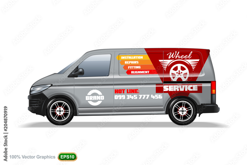Wheel service. Grey Delivery van template. With advertise, editable layout. Wheel service. Grey Delivery van template. With advertise, editable layout.