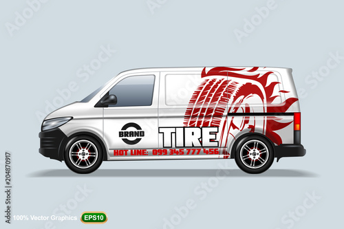 Tire center. Delivery van template. With advertise, editable layout.