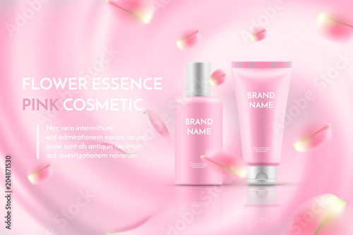 Pink cosmetic poster template with realistic skin care bottle and tube on a pink abstract background with flower petals