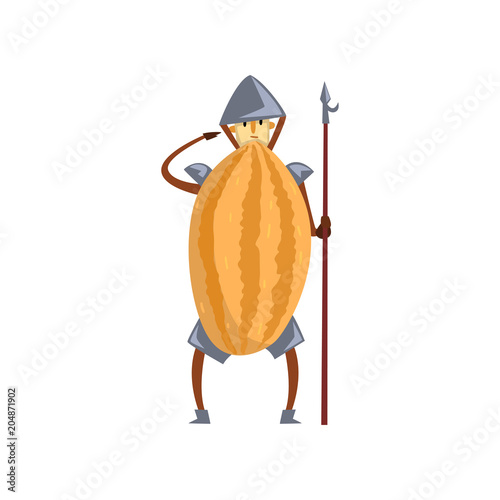 Brave warrior melon cartoon character with spear, man in fruit costume vector Illustration on a white background