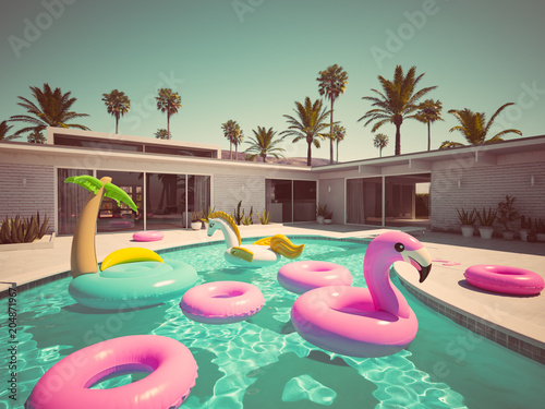3D rendering. a lot of different floats in a pool. retro style photo