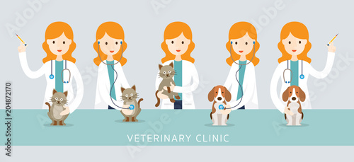 Female Veterinarian Checkup Pets, Cats and Dogs, vaccination, Clinic or Hospital