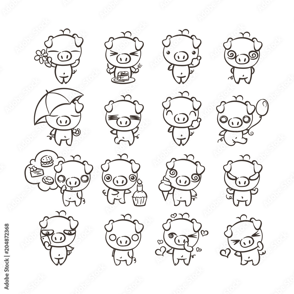 Collection of cutest pig character icon set with different emotions. Vector illustration for new 2019 year.