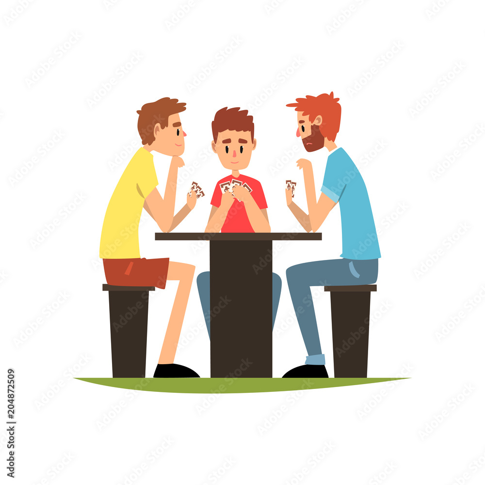 Friends playing cards sitting at the table, men having good time together vector Illustration on a white background