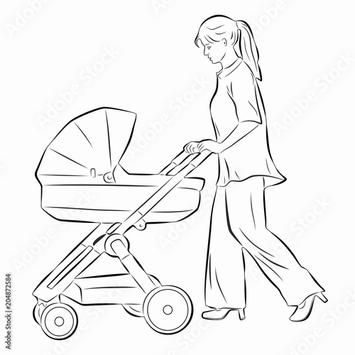 illustration of woman with a stroller , vector draw
